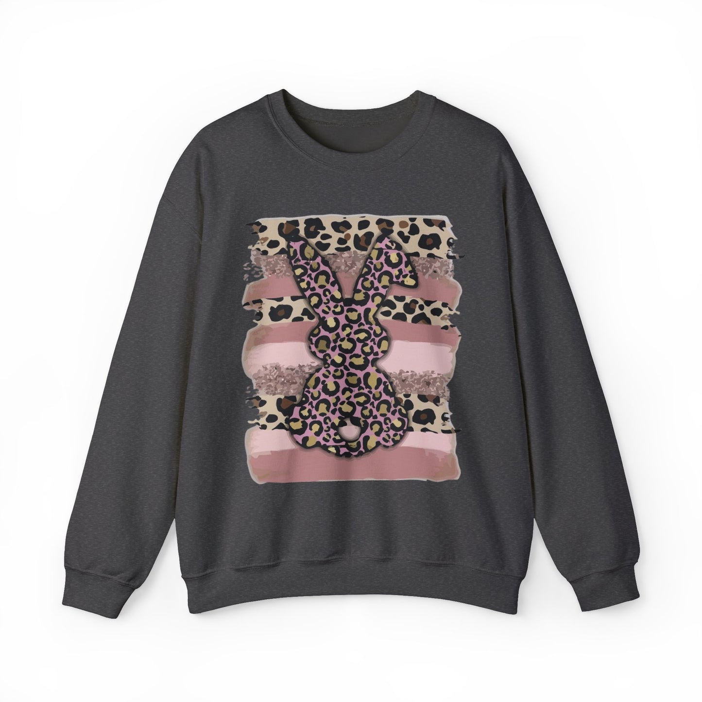 Leopard Print Bunny Crewneck Sweatshirt — Pink Striped Animal Easter Pullover