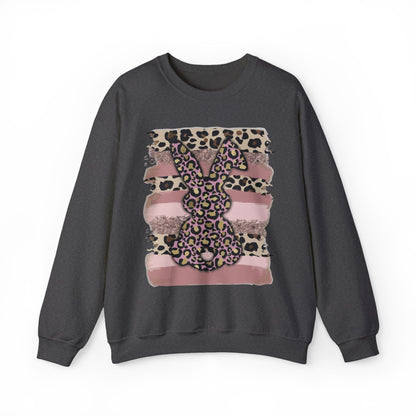 Leopard Print Bunny Crewneck Sweatshirt — Pink Striped Animal Easter Pullover