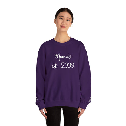 Mamaw est. 2009- Grandkids on Wrist - Crewneck Sweatshirt — Personalized Grandma Gift
