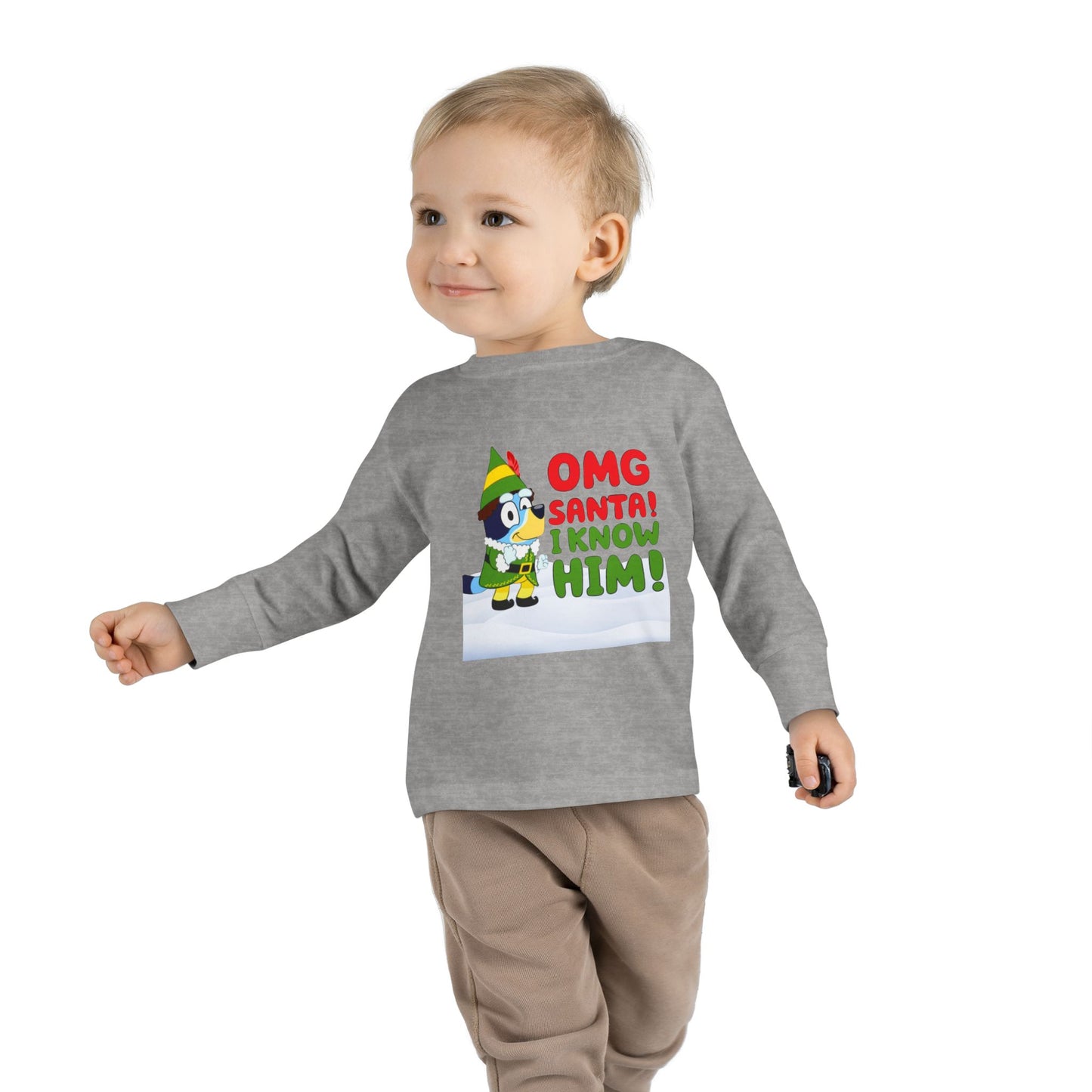 BLUE-Y Toddler Long Sleeve Tee — "OMG Santa! I Know Him!" DOG Christmas Shirt