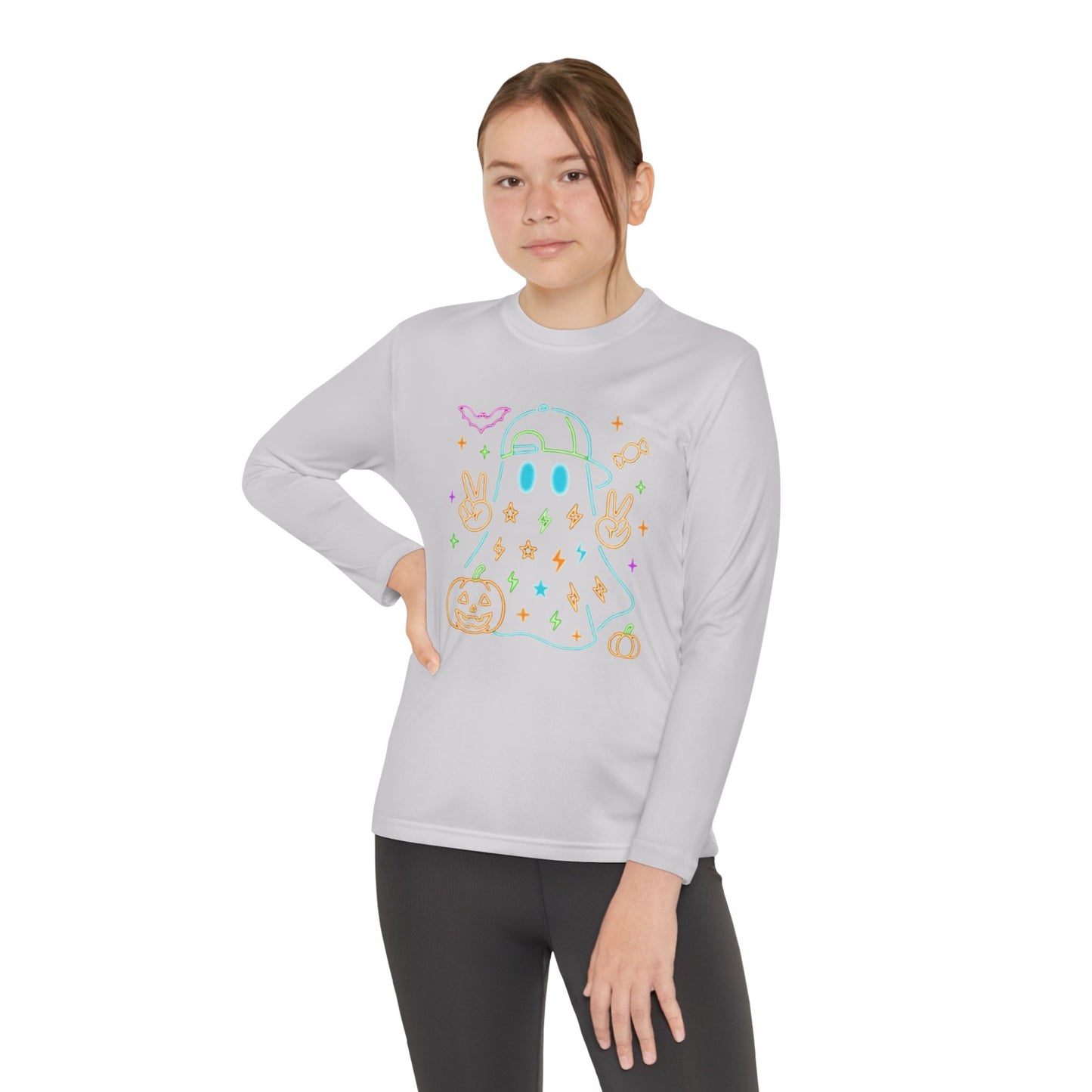 Youth Long Sleeve Ghost Tee, Halloween Shirt, Pumpkin Design, Cute Apparel, Kids' Holiday Wear, Spooky Fun Top