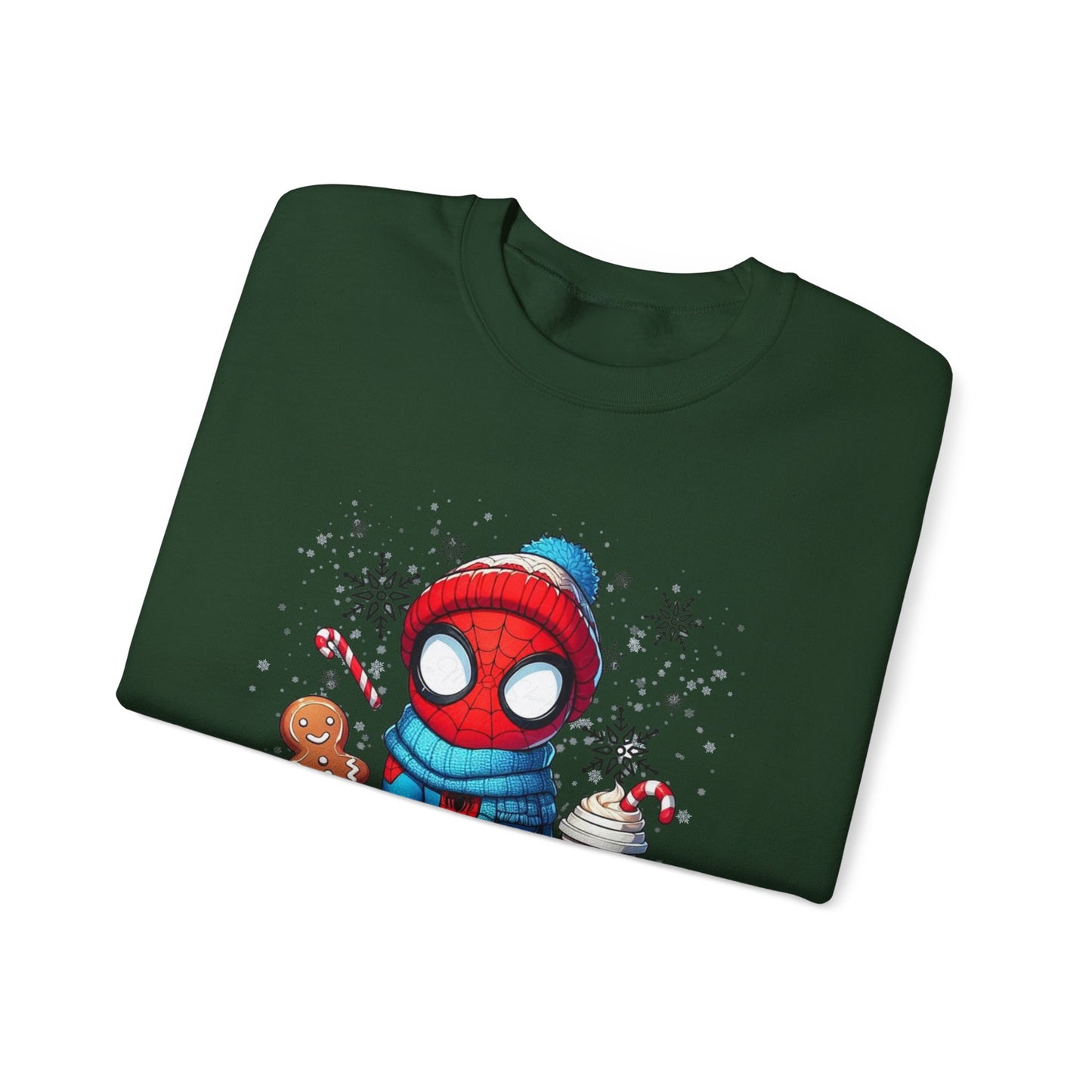Holiday Spider Crewneck Sweatshirt — Cute Spidey in Winter Hat with Gingerbread & Cocoa