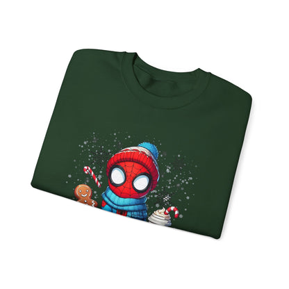 Holiday Spider Crewneck Sweatshirt — Cute Spidey in Winter Hat with Gingerbread & Cocoa