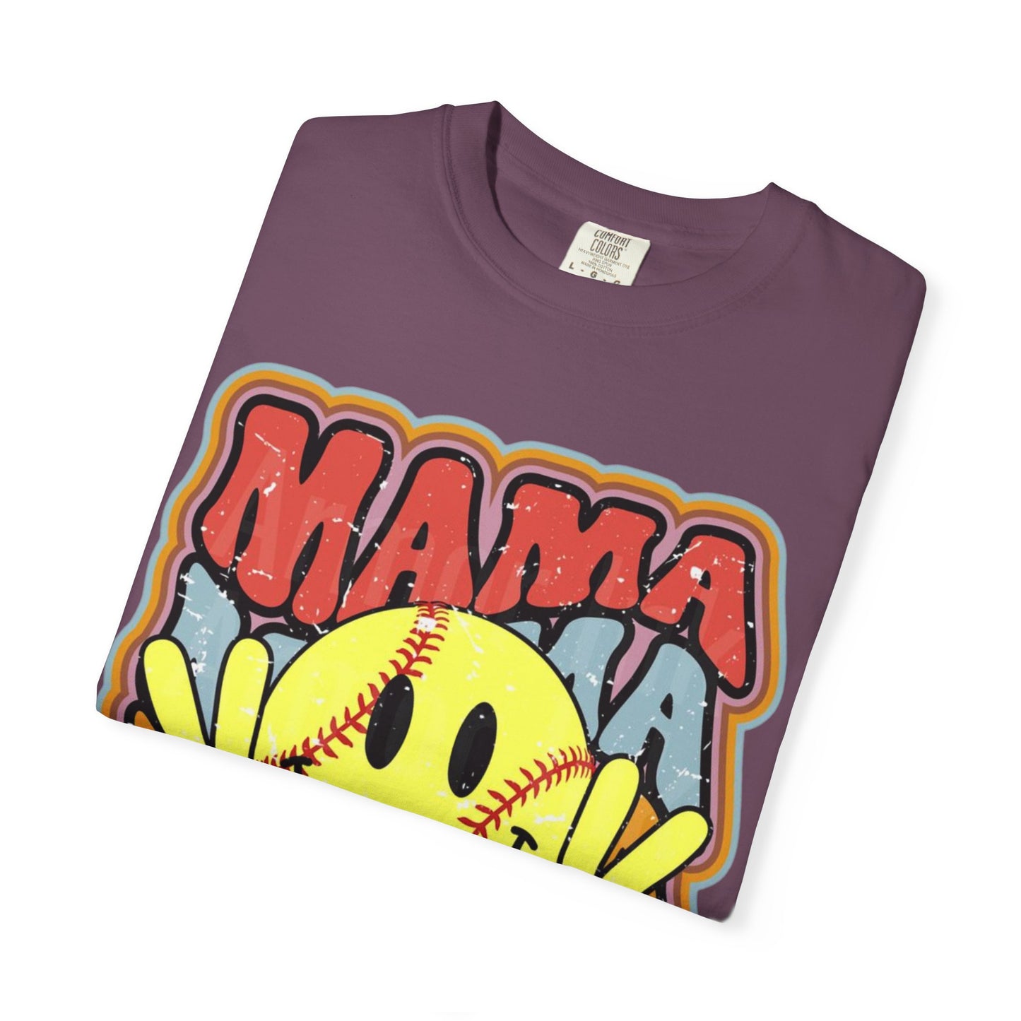 Mama Softball Smile T-Shirt — Retro Peace Sign Softball Mom Tee