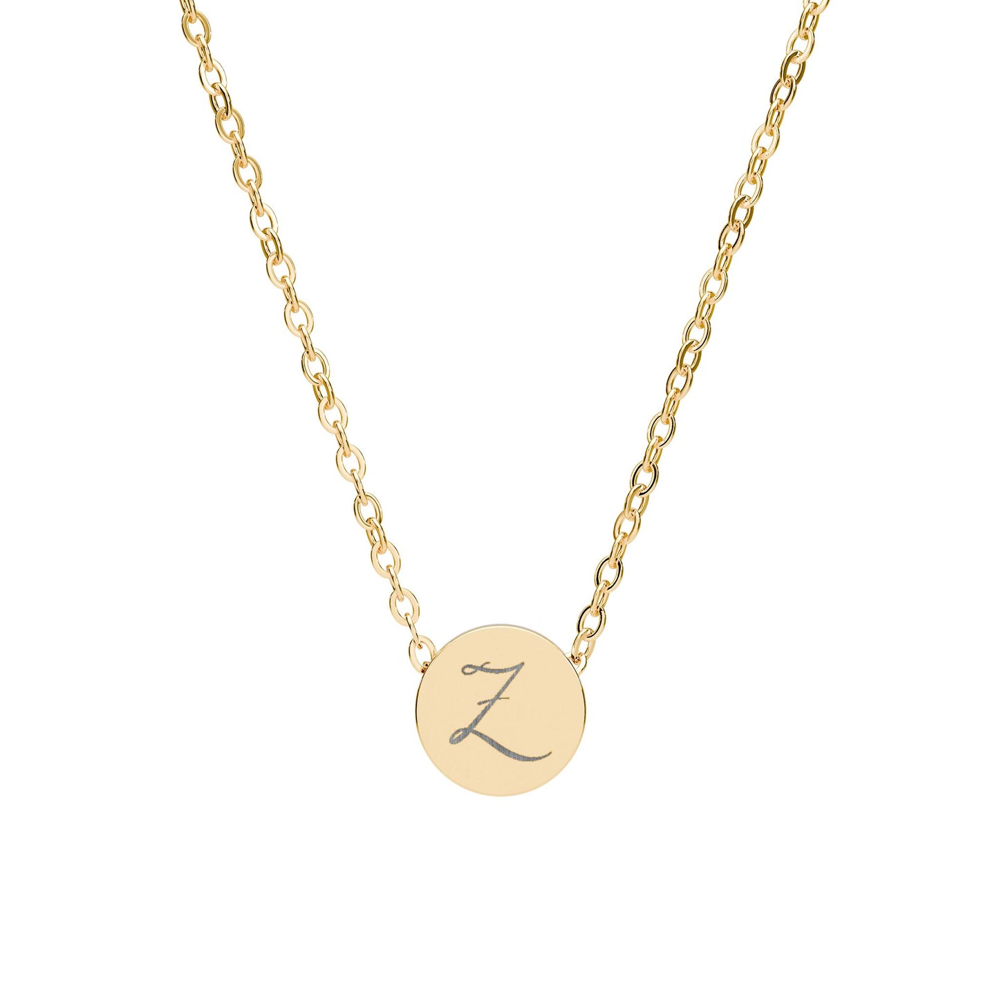 Mini Engraved Initial Circle Necklace — Personalized Z Pendant (Sterling Silver or Rose Gold)