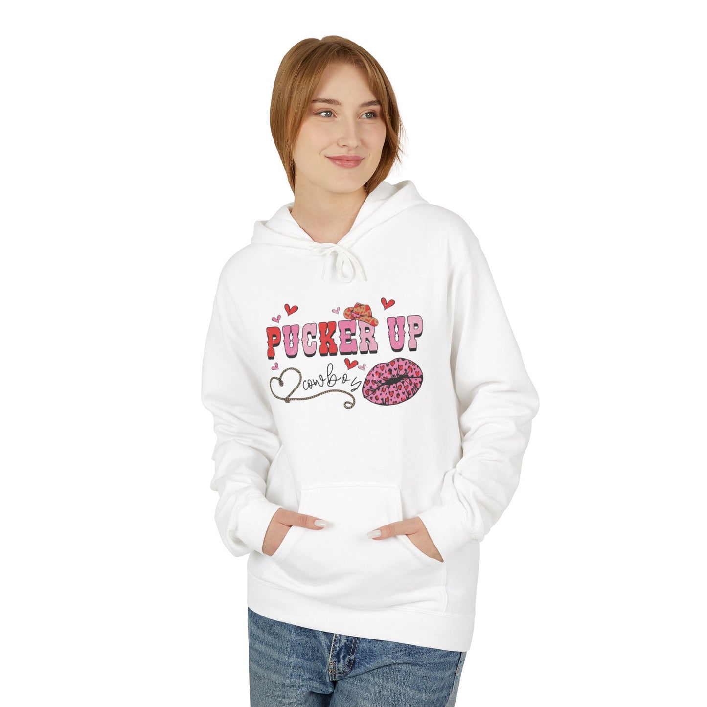 Pucker Up Hoodie — Pink Lip Print Valentine’s Graphic Sweatshirt