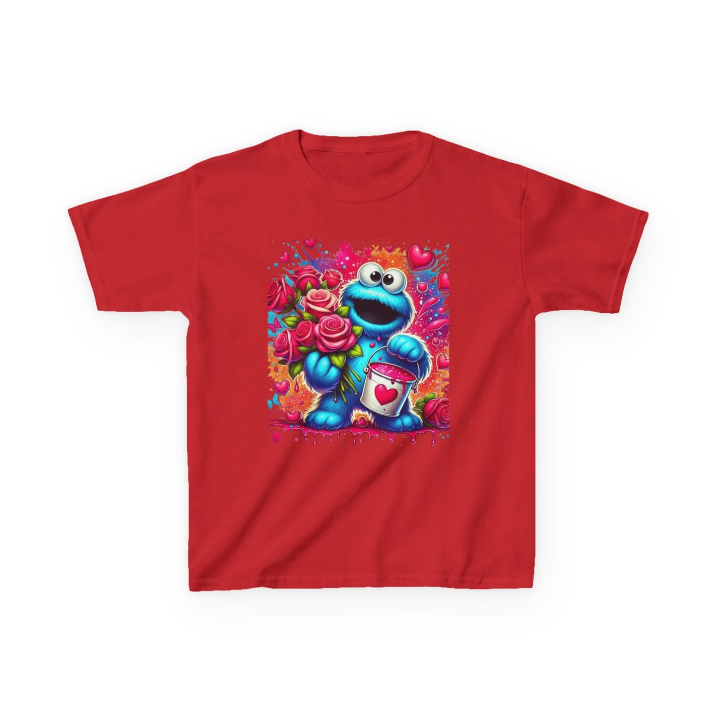 Valentine Blue Monster Kids Tee — Cute Fluffy Monster with Roses & Heart Paint