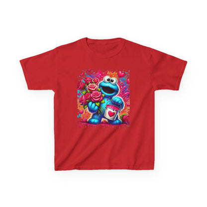Valentine Blue Monster Kids Tee — Cute Fluffy Monster with Roses & Heart Paint