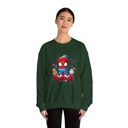 Holiday Spider Crewneck Sweatshirt — Cute Spidey in Winter Hat with Gingerbread & Cocoa