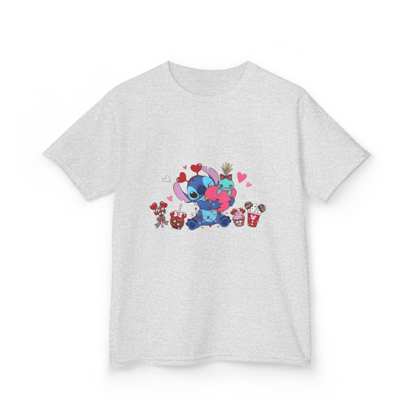 Stitch- Kids Valentine Alien Tee — Cute Blue Alien Hugging Pink Heart Plushie