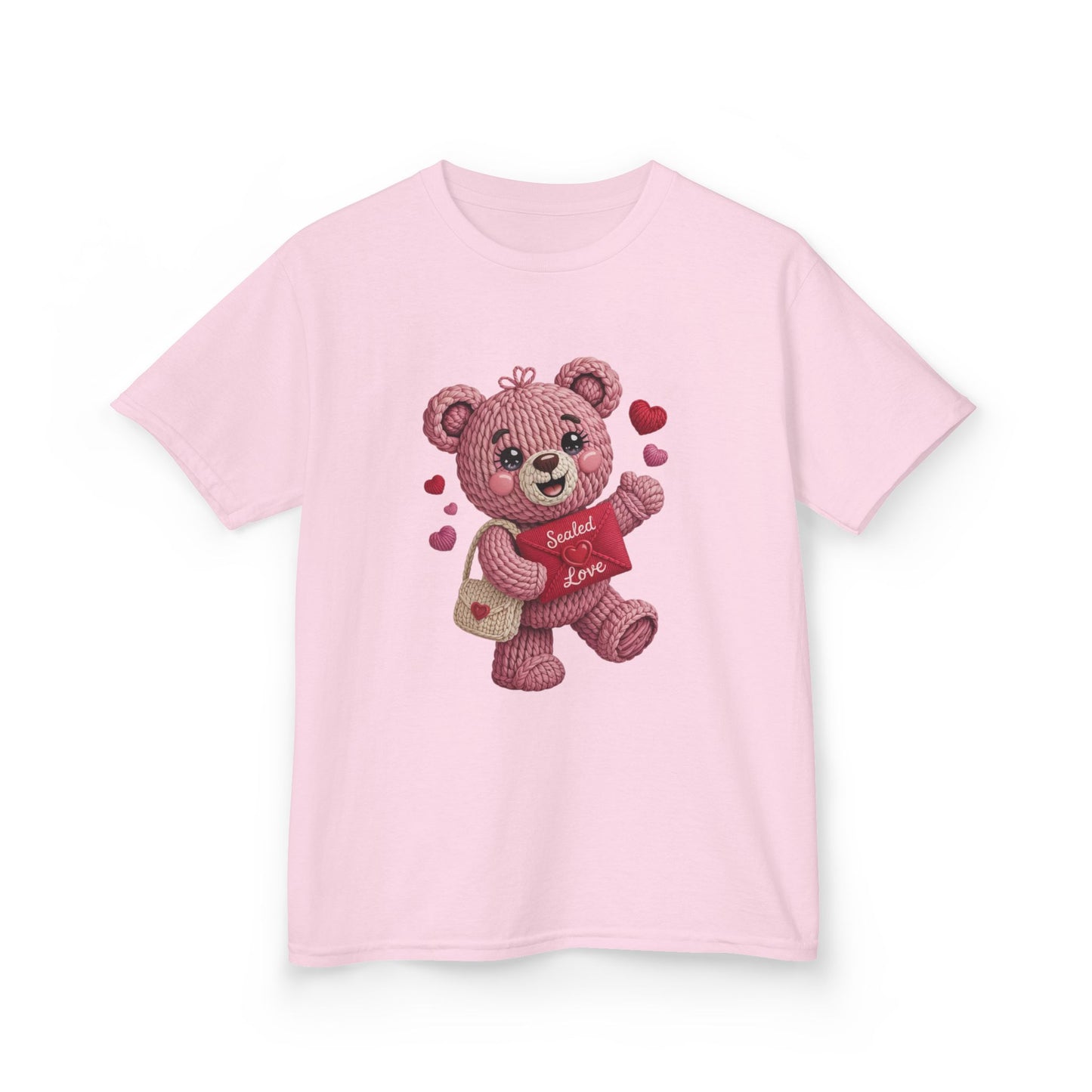 Kids Tee — Pink Teddy Bear with Hearts "Hello Valentine"