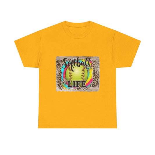 Softball Life Tee — Neon Softball Graphic with Leopard Accent
