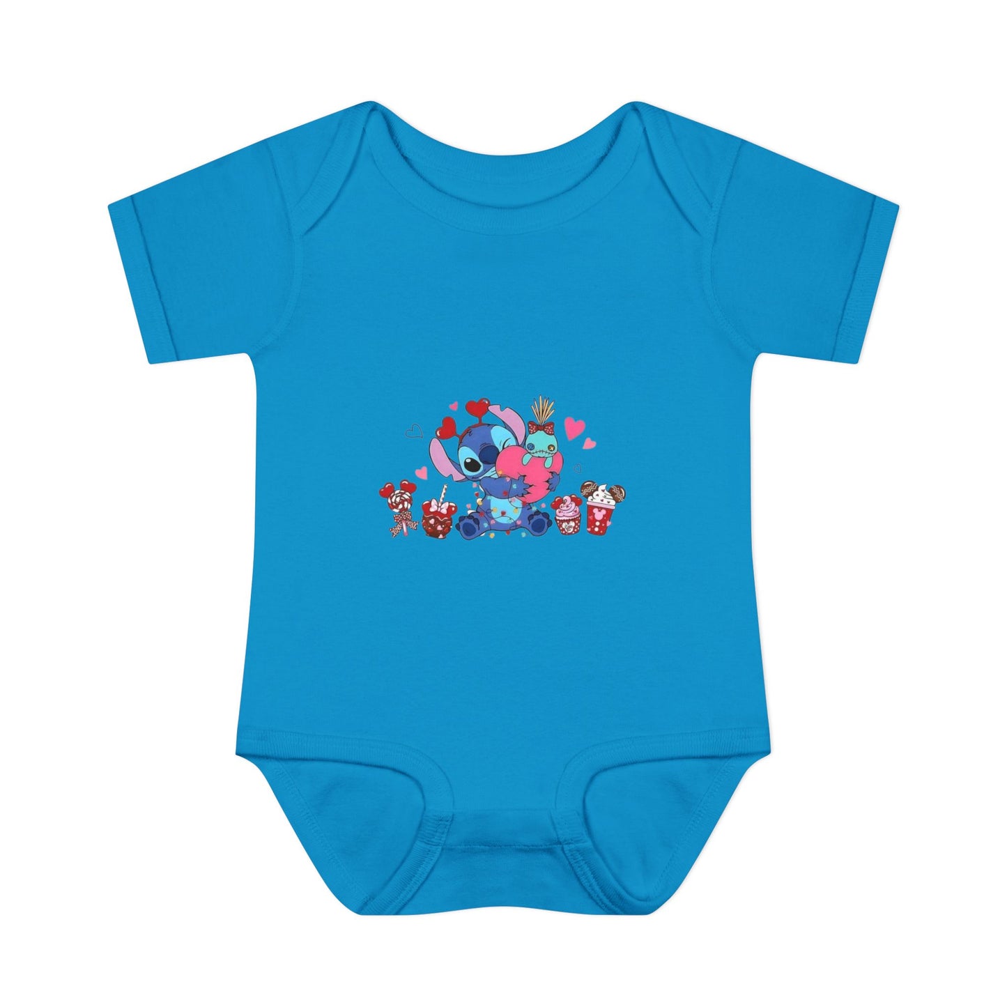 Stitch Valentine Baby Bodysuit — Cute Disney-Inspired Infant Onesie with Hearts & Treats