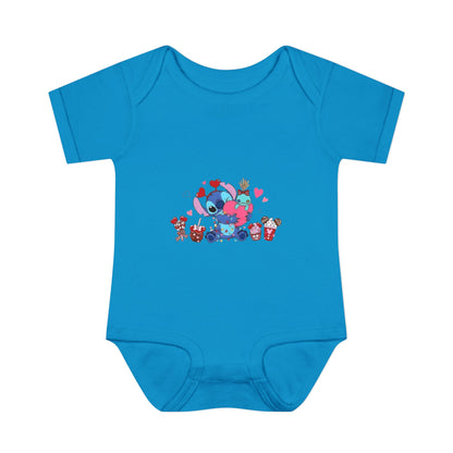 Stitch Valentine Baby Bodysuit — Cute Disney-Inspired Infant Onesie with Hearts & Treats