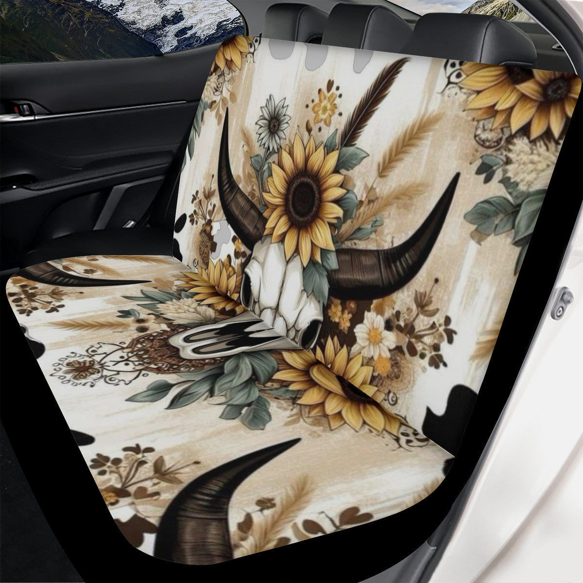 Cute Sunflower and Bull Horn Skull seat covers- Custom Fit Car Seat Covers (Front or Full Set Options)
