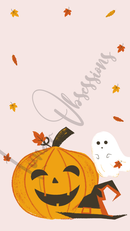 Pumpkin, Ghost, Witch Hat, & Leaves on Pink Background