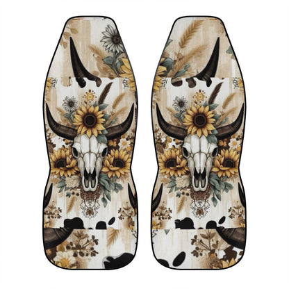 Cute Sunflower and Bull Horn Skull seat covers- Custom Fit Car Seat Covers (Front or Full Set Options)