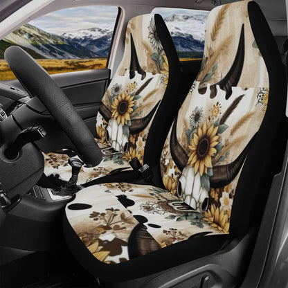 Cute Sunflower and Bull Horn Skull seat covers- Custom Fit Car Seat Covers (Front or Full Set Options)